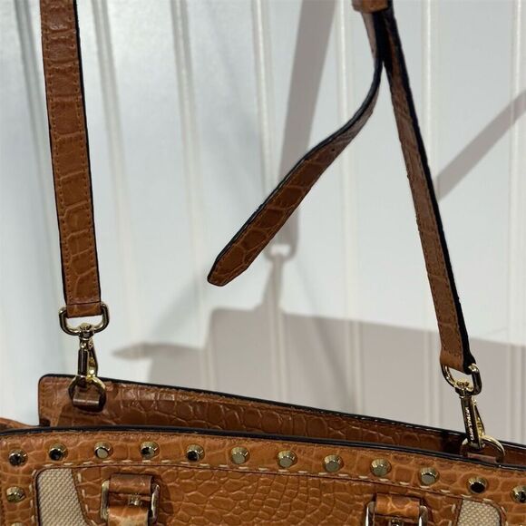 Michael Kors Croc Embossed Canvas Satchel Tote Brown Tan Studded Shoulder Bag - Picture 6 of 10
